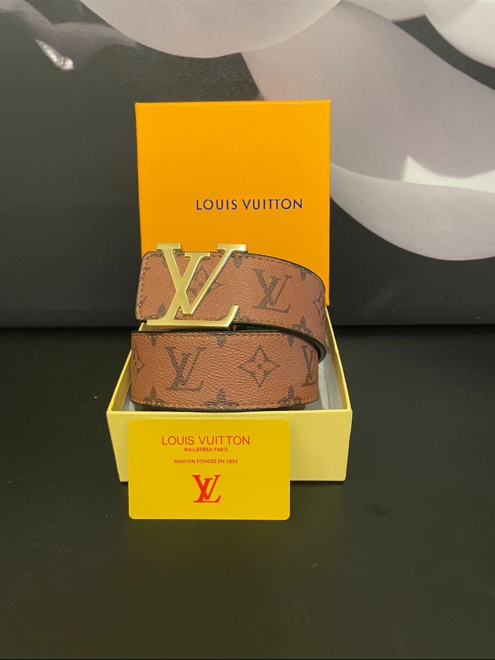 Louis Vuitton Brown Monogram Canvas Belt with Gold LV Buckle